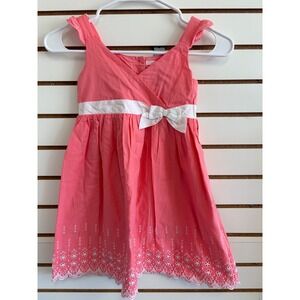 Janie and Jack Coral Pink white Eyelet Cotton Dress Size 5 Bow Scalloped
